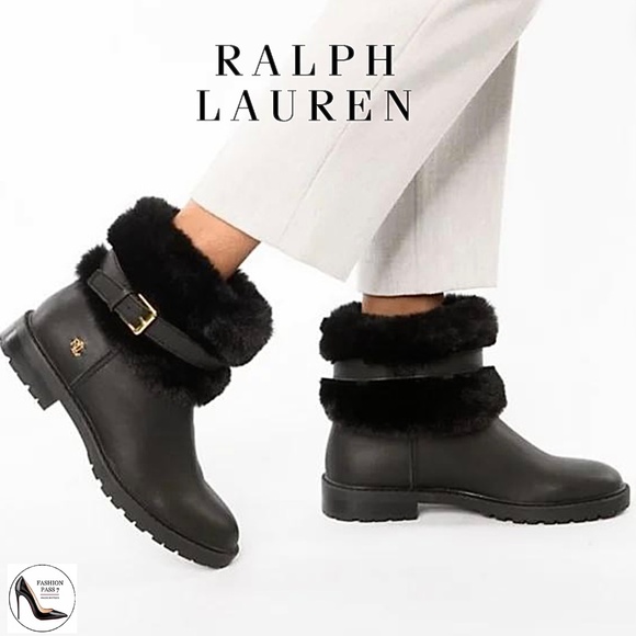 Ralph Lauren Evanston Waterproof Black Leather Winter Warm Fur Moto Boots 7 - Picture 1 of 13